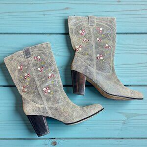 Seychelles Gray Leather Floral Embroidered Western Boots Women’s 11 M